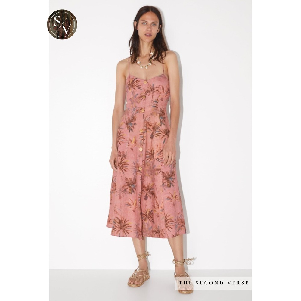 Zara Tropical Palm Leaf‎ Cotton Linen Blend Button Front Midi Dress Size Large